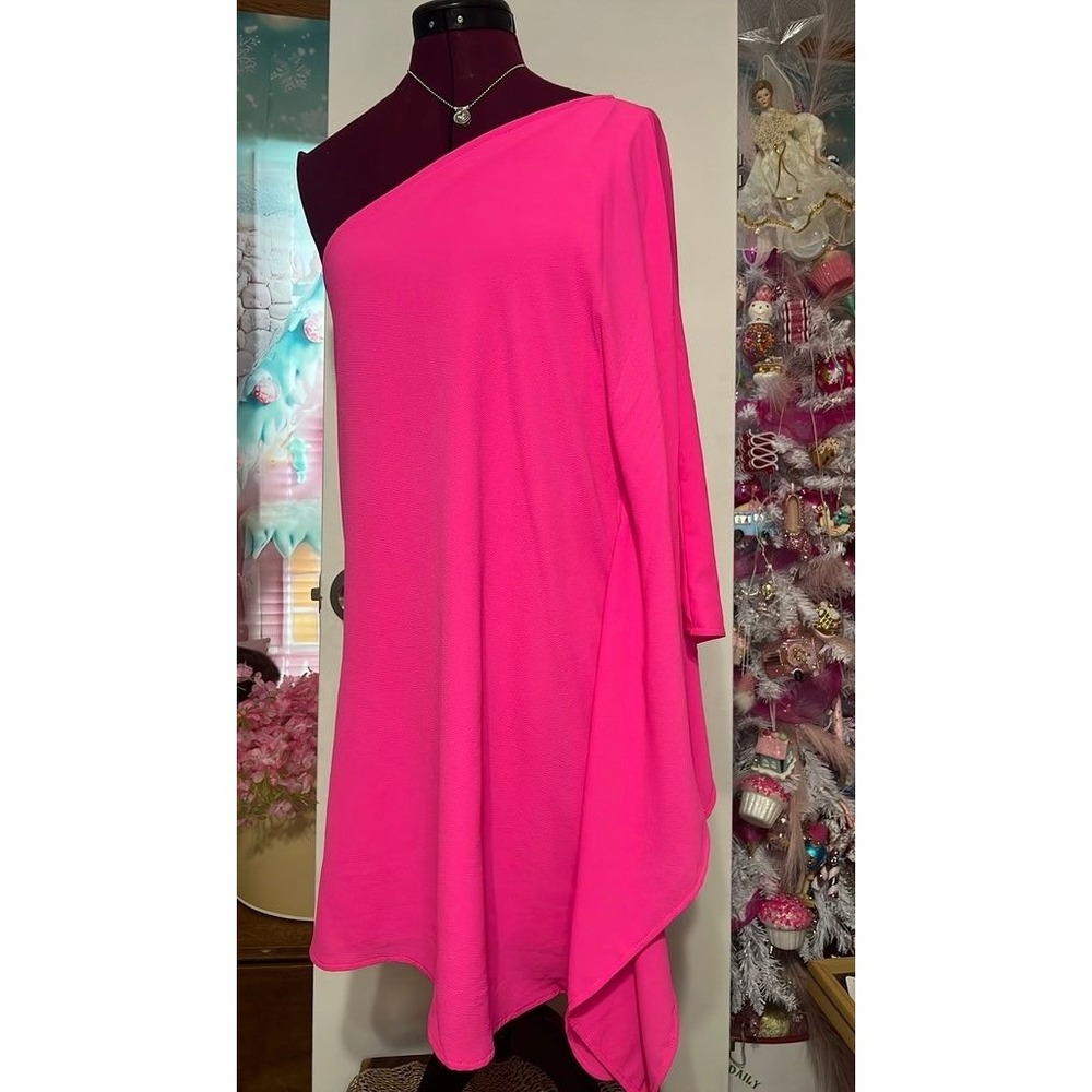 Lavender J One Shoulder Dress Womens L Pink Draped Crepe Long Sleeve